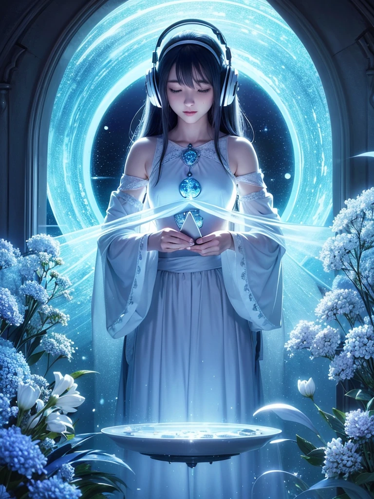 In a magical lab bathed in moonlight, a laptop's glowing screen reveals a serene landscape beyond a large window. Soft blue neons illuminate white flowers by a tablet and PC, hinting at a creative aura. A vocal microphone and headphones add to the enchanting ambiance. This anime-inspired digital painting, winner of a pixiv contest, captivates with its mystical realism and fairy tale allure, drawing viewers into a cozy, imaginative world of creativity and tranquility.