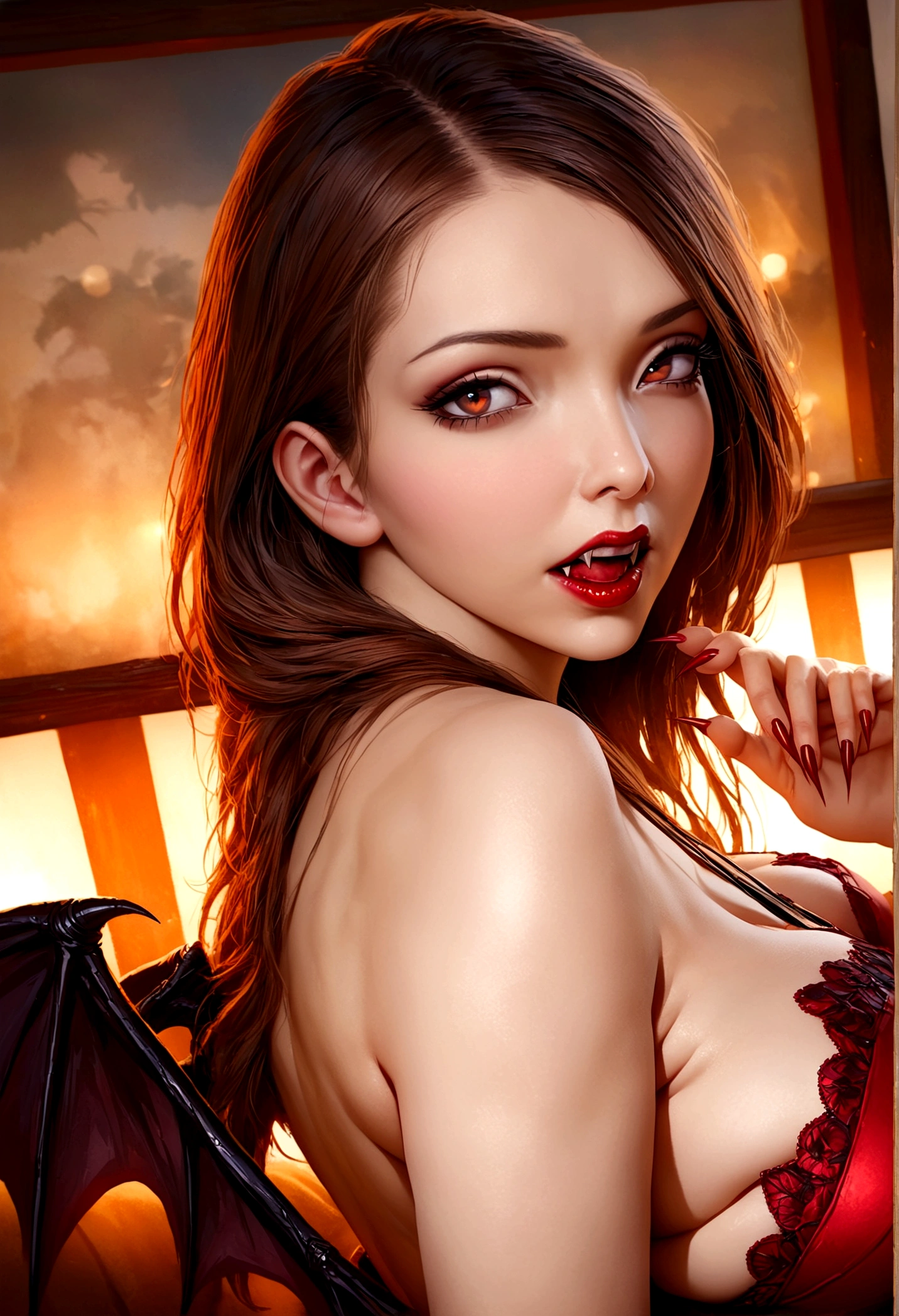 a cute woman is a succubus, leathery black wings, deep red lipstick, vampire fangs, deep dark eyes, razor fingernails painted red, seductive evil pose, bedroom, best quality, 4k, 8k, highres, masterpiece:1.2, ultra-detailed, realistic, photorealistic, photo-realistic:1.37, HDR, UHD, studio lighting, ultra-fine painting, sharp focus, physically-based rendering, extreme detail description, professional, vivid colors, bokeh, dark fantasy, chiaroscuro lighting, dramatic lighting
