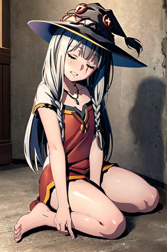 ((masterpiece)), (best quality), (ultra-detailed), photorealistic, (best illustration), ((an extremely delicate and beautiful)), 1girl, solo, long hair, tiger ears, white hair, two-tone hair, facing viewer, barefoot, megumin clothes, witch hat, megumin hat, closed eyes, short sleeves, school, low twin braids, twin braids, hair ornament, blush, head tilt, upper teeth, flat chest, young, aged down, happy, collarbone, necklace, hat, witch hat, megumin hat,