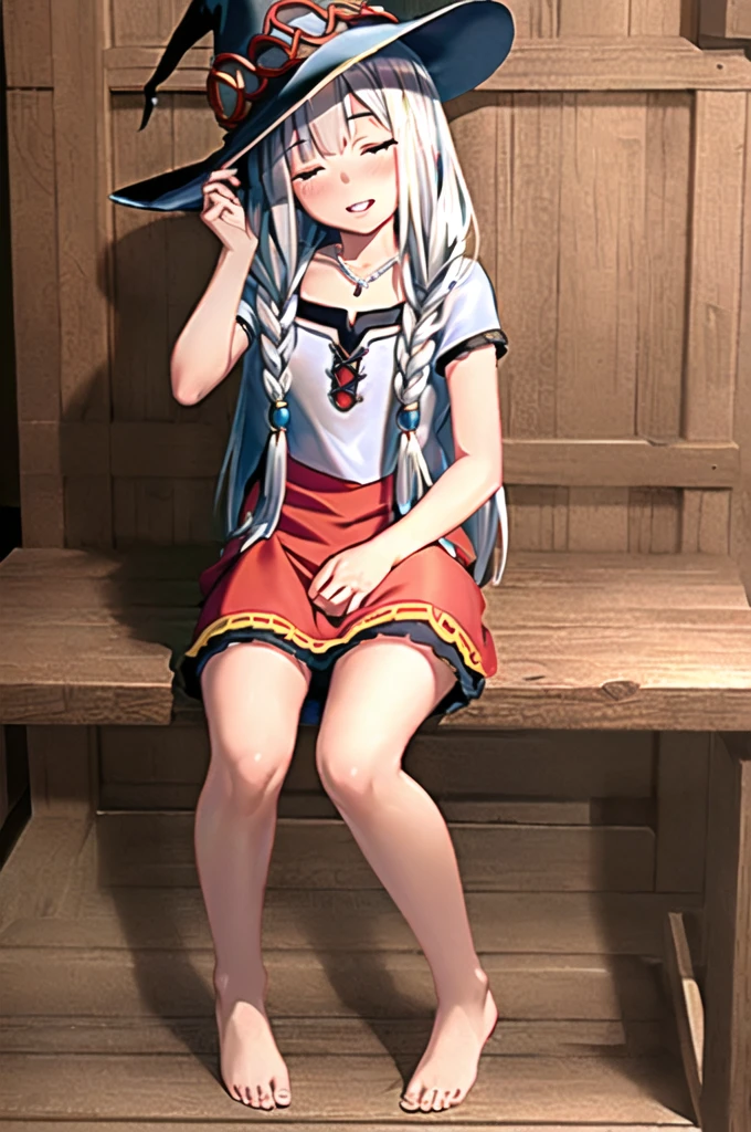 ((masterpiece)), (best quality), (ultra-detailed), photorealistic, (best illustration), ((an extremely delicate and beautiful)), 1girl, solo, long hair, tiger ears, white hair, two-tone hair, facing viewer, barefoot, megumin clothes, witch hat, megumin hat, closed eyes, short sleeves, school, low twin braids, twin braids, hair ornament, blush, head tilt, upper teeth, flat chest, young, aged down, happy, collarbone, necklace,  hat, witch hat, megumin hat,
