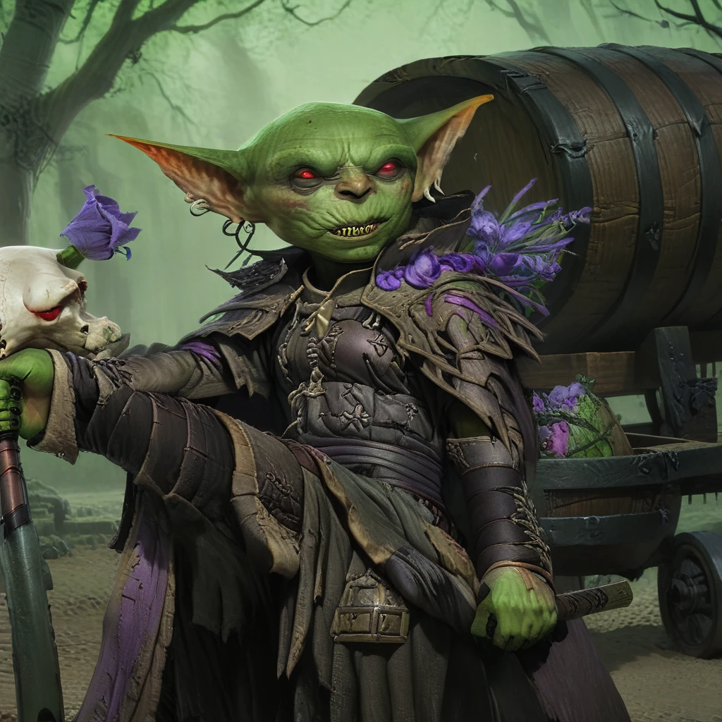 a small male goblin (1.40m), green skin, bald, frowning, scar on the face, purple left iris, black right eye iris, with a staff in his hand (necromancy). (scenery)forest a carriage with barrels, surrounded by undead, full body image, cinematic lighting, 8k, hyper realistic, masterpiece, fantasy art