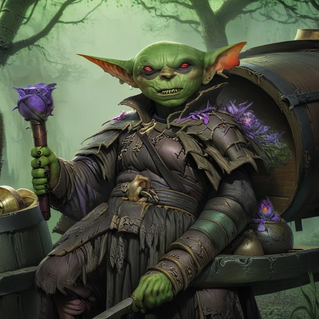 a small male goblin (1.40m), green skin, bald, frowning, scar on the face, purple left iris, black right eye iris, with a staff in his hand (necromancy). (scenery)forest a carriage with barrels, surrounded by undead, full body image, cinematic lighting, 8k, hyper realistic, masterpiece, fantasy art