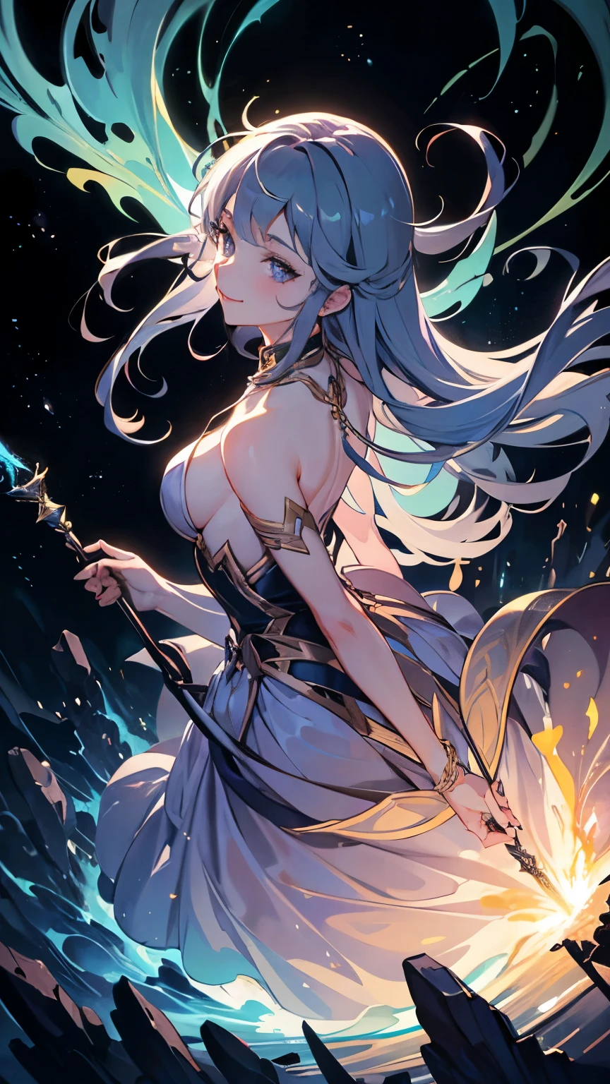 8K resolution, masterpiece, Highest quality, Award-winning works, unrealistic, From above, erotic, Only sexy women, healthy body, Anatomically accurate skeleton, 22 years old, Black Mage, Height: 165cm, huge firm bouncing busts,, Silvery long wavy hair, Detailed facial depiction, break, Mysterious blue eyes, Standard nose, eyeliner, Pink Lips, Sexy long legs, Transparent muscle,, Gothic ruffle long dress, A dress with a complex structure, Seven colourful dresses, Clothed in flames, royal coat of arms, elegant, Very detailed, Delicate depiction of hair, Miniature Painting, Digital Painting, artステーションコンセプトart, Smooth, Sharp focus, shape, artジャム、Greg Rutkowski、Alphonse Mucha、William Adolphe Bouguereau、art:Stephanie Law , Royal Jewel, nature, Symmetric, Greg Rutkowski, Charlie Bowwater, unrealistic, Surreal, Dynamic Lighting, ファンタジーart, Complex colors, Colorful magic circle, flash, dynamic sexy pose, A kind smile, Mysterious Background, aura, A gentle gaze, break, Small faint lights and flying fireflies, night, lanthanum, 山の頂From above下界を見下ろす, Starry Sky, milky way, nebula, shooting star, A sacred staff that emits a brilliant light, Back view, Facing the camera