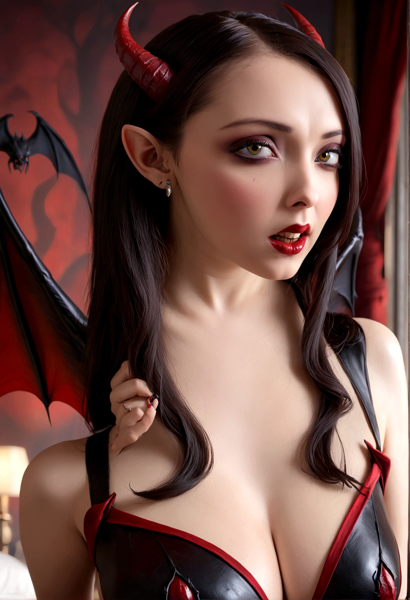 a cute woman is a succubus, leathery black wings, deep red lipstick, vampire fangs, deep dark eyes, razor fingernails painted red, seductive evil pose, bedroom, best quality, 4k, 8k, highres, masterpiece:1.2, ultra-detailed, realistic, photorealistic, photo-realistic:1.37, HDR, UHD, studio lighting, ultra-fine painting, sharp focus, physically-based rendering, extreme detail description, professional, vivid colors, bokeh, dark fantasy, chiaroscuro lighting, dramatic lighting
