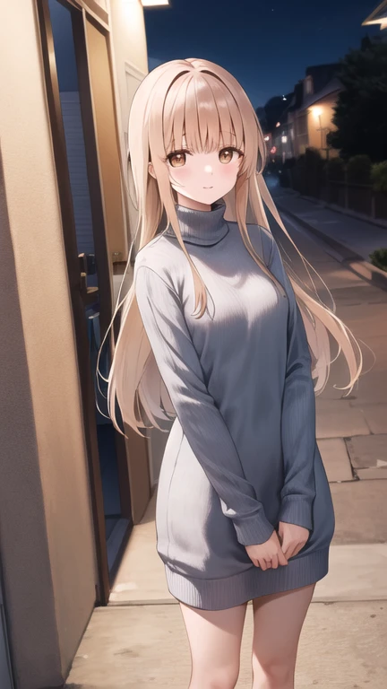 masterpiece, best quality, highres, aamahiru, long hair, small breasts, sweater dress, turtleneck, night, street, standing