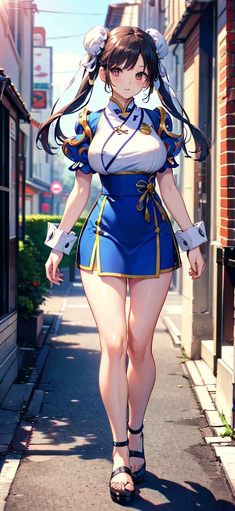 Chun-Li,((masterpiece)), ((best quality)), ((ultra detailed)), ((kawaii)), cute, (lovely), ((extremely detailed)), ((8K)), (beautiful), full body,solo, standing,street fighter