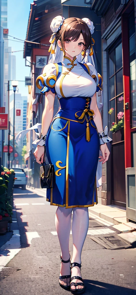 Chun-Li,((masterpiece)), ((best quality)), ((ultra detailed)), ((kawaii)), cute, (lovely), ((extremely detailed)), ((8K)), (beautiful), full body,solo, standing,street fighter