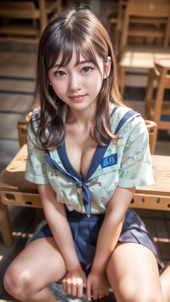 (Highest quality, 8K, 32k, masterpiece, 超High resolution:1.2), (RAW Photos), (Realistic), (photoRealistic:1.2), (High resolution), Large file size, Super detailed, Very beautiful face & eye, One girl, Japanese ,14, 13 years old, 12 yearssmall face, Baby Fwaist, Large Breasts, Slim figure, Ts, (Dark blue pleated mini skirt, Japanese sailors, sailor fuku, Seraphim, Japanese school sailor uniform), Nice hands, Perfect hands, Accurate hand drawing, 完璧な親refer to & refer to, Sweaty, A shy smile, Pure white teeth, From below, Japanese Classroom,