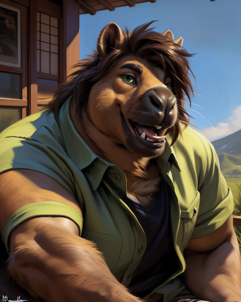 ASCII nsfw, realism, solo male, nude, kenket, chunie, darkgem, anthro, detailed realistic painting, source_furry, (by Meesh), (by darkgem:0.8), (by chunie:1), masterpiece,, detailed fur, looking at viewer, (detailed pixar eyes:1.2), detailed eyes, male, anthro, ((capybara, Japanese, Anime, bishounen, pretty, effeminate, Massive Muscles, Massive Deltoids, Massive shoulders, Massive Pecs, Massive Biceps, Massive Thighs, Massive Calves, long snout, brown hair, wavy hair, fabio hair, hair covering eye, goatee, big lip, swollen lip, black lip, whiskers, collared shirt, lime-green shirt, cheekbones, big chin, open mouth, shiny eyelids, rodent teeth big chin,)), BREAK detailed background, intricate masterpiece, best quality, ultra 8Kscore_9, score_8_up, score_7_up, score_6_up, bara, ,score_9, score_8_up, score_7_up, score_6_up, score_8_up, score_7_up,Ultra detailed focus ,clean cut, body fur furry textures,naturalistic art,representational art,lighting and shadowing,bright vibrant color contrast,sharp detailed, cgi,digital,movie Quality,8K,masterpiece, best quality, (photorealistic:1.4),(extremely intricate:1.3), (realistic).
