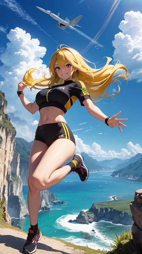 ({{high resolution,}},Masterpiece,ultra detailed,Best Quality,8k)cloud, sky, scenery, day, Blue_sky, mountain, cloudy_sky, outdoor, waterfall, Fancy, horizon, cliff, rock, water, landscape, mountainous_horizon, ocean, tree, River, floating_The same, beautiful woman, whole body, mexico color sports clothing, Yellow hair, long hair, two arms, two legs, JUMPING, smiling.