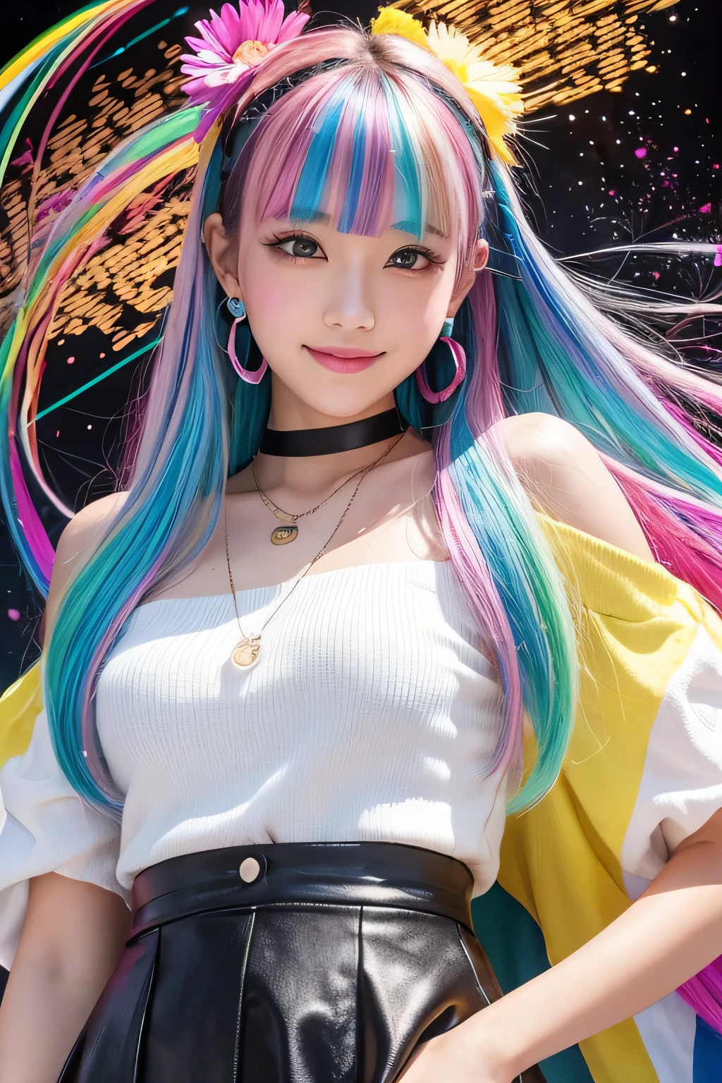 "Generate a highly detailed, vertical portrait of a beautiful Japanese girl with dual-colored hair, silver on the left side and black on the right side, with the tips dyed bright yellow. Her long hair flows in the wind, creating a striking visual effect. She has large, shimmering rainbow-colored eyes and a cheerful smile. Her cheeks are blushed, giving her a healthy and lively expression. The girl is dressed in a white off-shoulder top, loose and relaxed, paired with a shiny black vinyl tight skirt, giving a modern and stylish appearance. She wears large pink flower earrings and a black choker around her neck. The background is colorful and artistic, featuring rainbow splashes and abstract patterns, predominantly in blue, pink, and yellow hues. The distant landscape shows a meadow, adding to the overall fantastical and creative atmosphere."