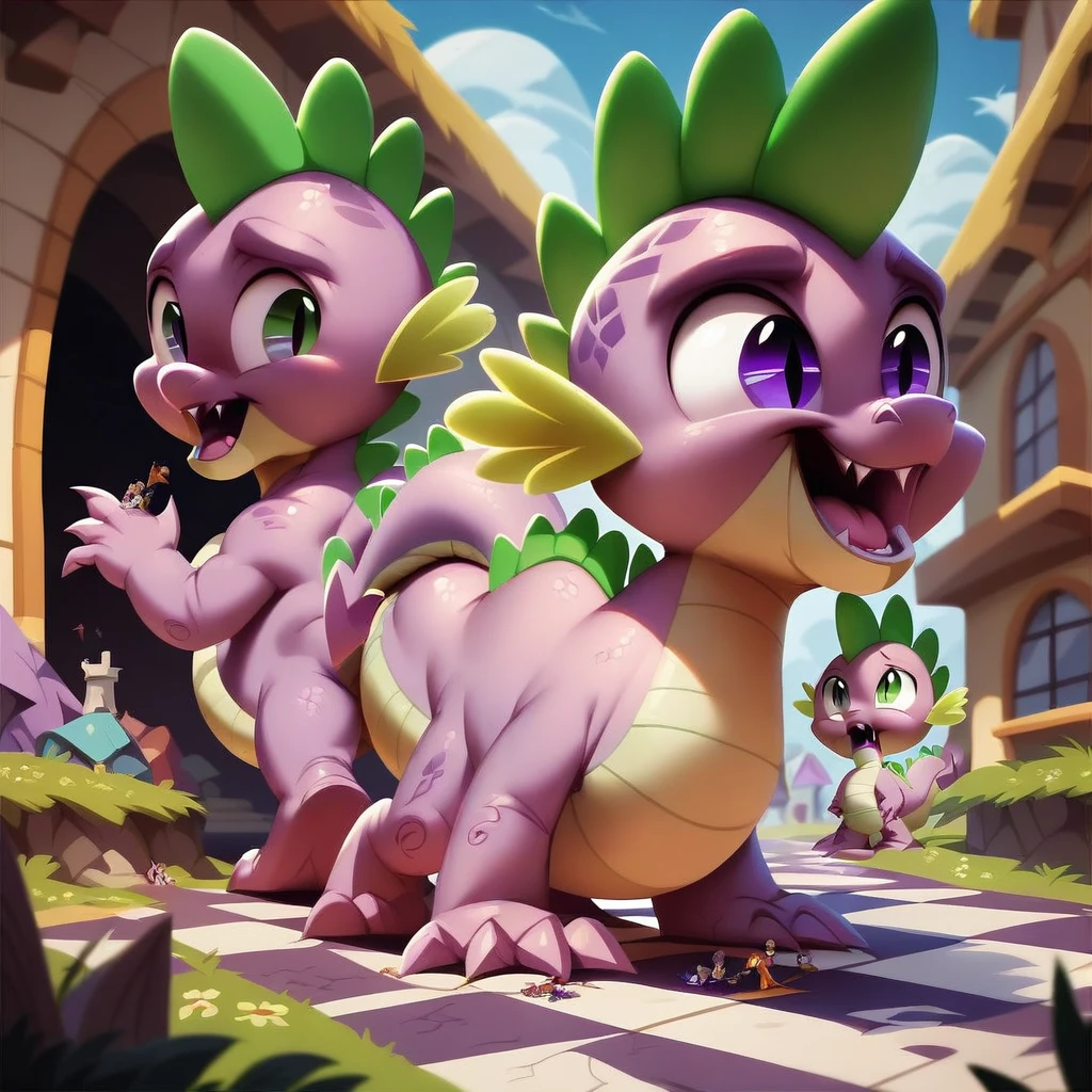 Spike, macro, open mouth, full body, fang, no humans, standing, purple eyes, checkered floor, back, ((thick tail bottom)), vore