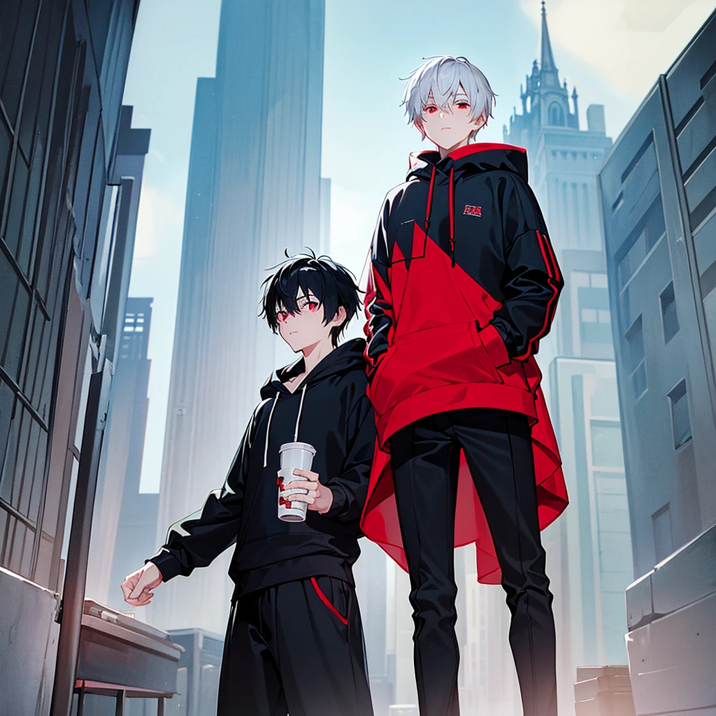 A young man with short white hair, red eyes, masculine face. Wearing a black hoodie with gray details. He is standing, looking to the side. On a center of a city. Dungeons and Dragons art direction, studio ghibli Style