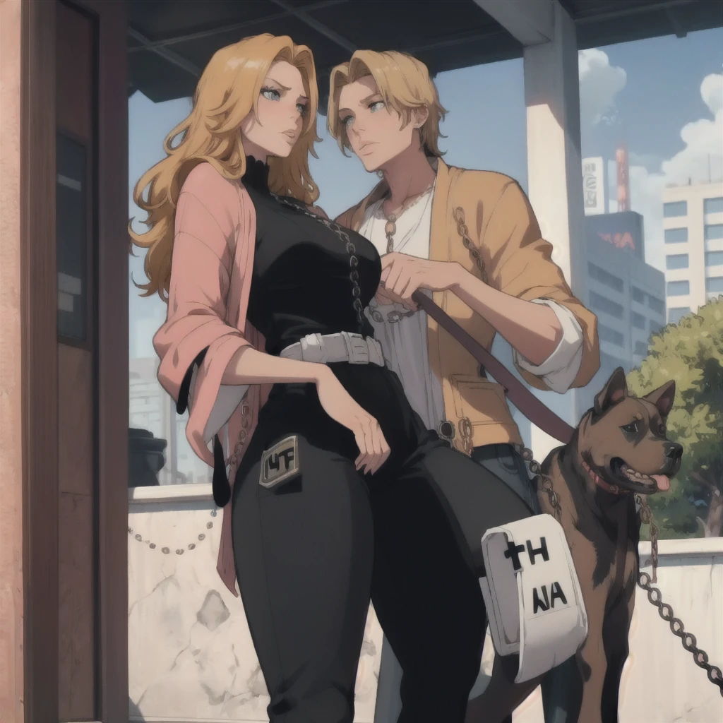 a beautiful detailed blonde girl standing, holding an ametry and a pitbull on a leash chain, GTA5 character, cinematic composition, city 