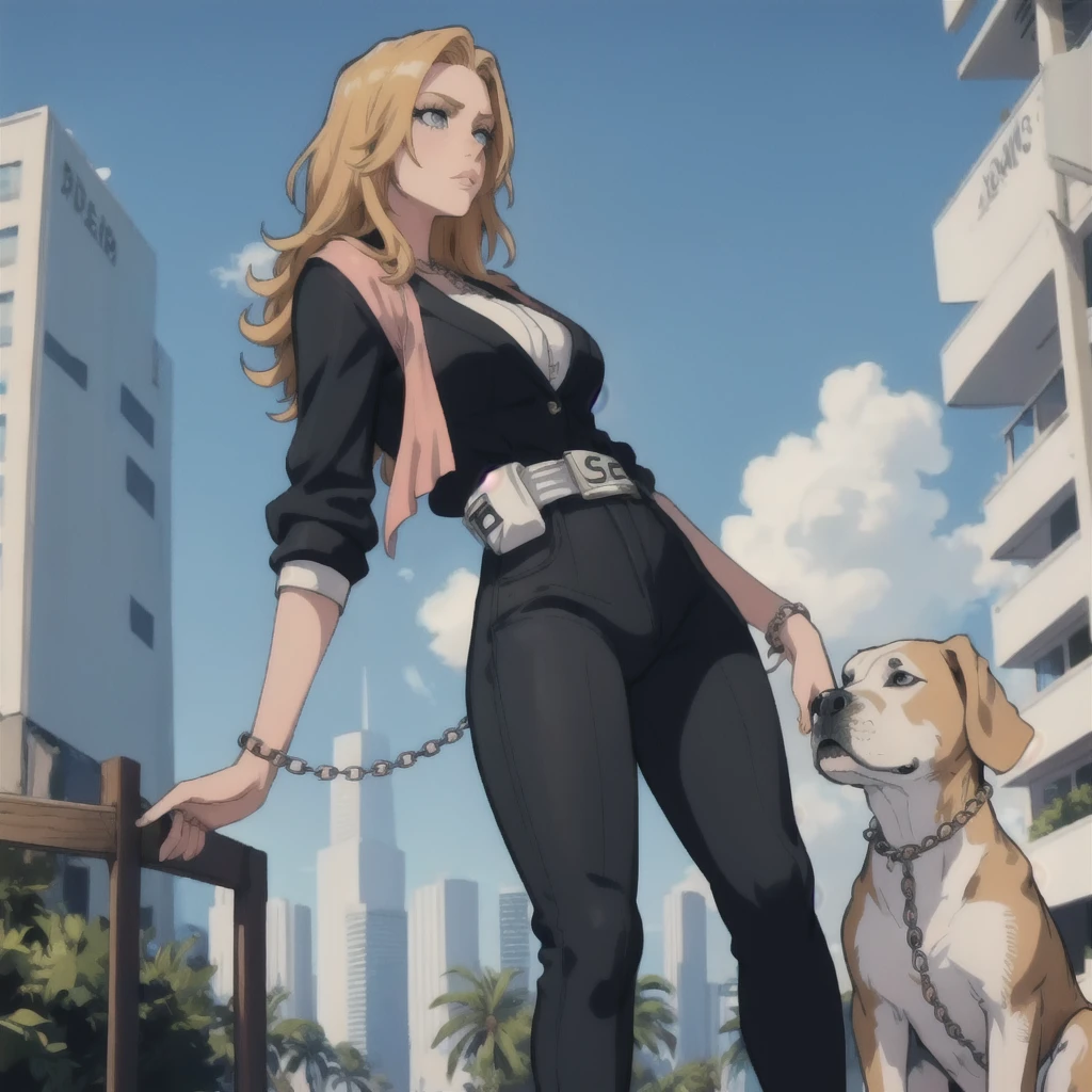 a beautiful detailed blonde girl standing, holding an ametry and a pitbull on a leash chain, GTA5 character, cinematic composition, city 