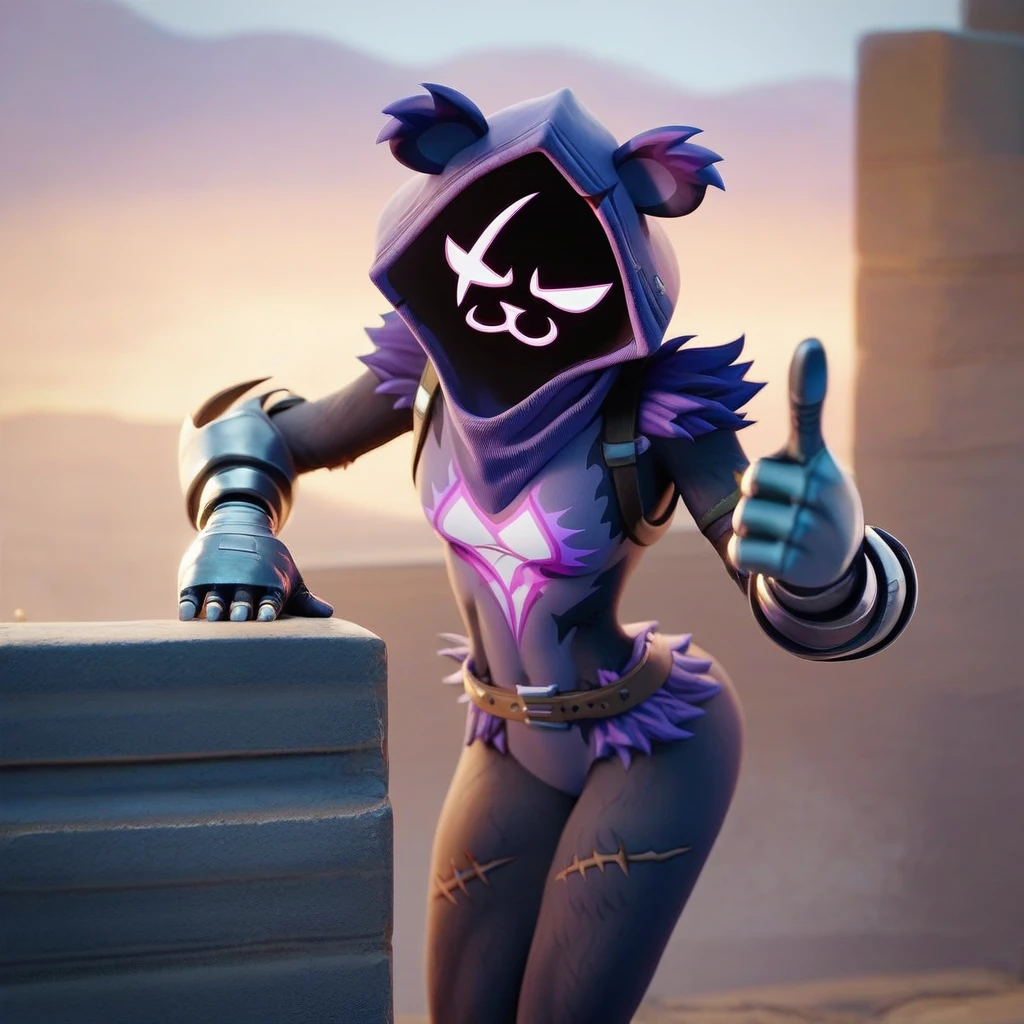 Raven team leader,purple hoodie, with no face, shadowed face, animal ears,purple skin, scar on eye, body skin, purple fur, waist belt, torso symbol, metal gloves, pointing your ass at the viewer, leaning forward, pushing, she closes her eyes, hands resting on top of a small wall, her with her eyes closed, hands are not in the air, expression of force, stomachache, stomach growling. scenery and a sunny day