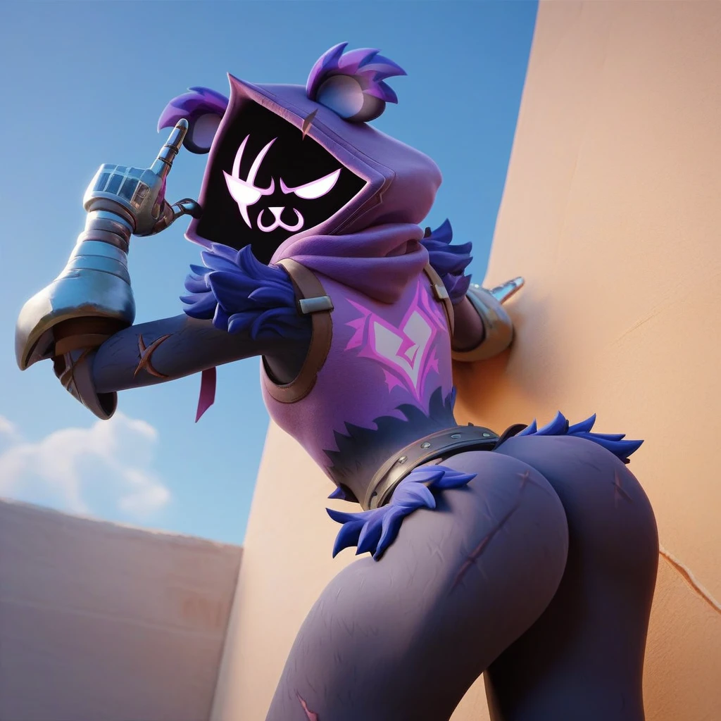 Raven team leader,purple hoodie, with no face, shadowed face, animal ears,purple skin, scar on eye, body skin, purple fur, waist belt, torso symbol, metal gloves, pointing your ass at the viewer, leaning forward, pushing, she closes her eyes, hands resting on top of a small wall, arms on top of a wall with her eyes closed, expression of force, stomachache, stomach growling. scenery and a sunny day