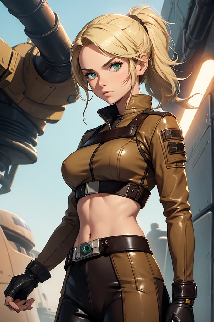 Female smuggler from Star Wars. Tatooine background. Young, fit. Blonde longer hair. Green eyes. Wearing tight leather brown leggings with a belt.