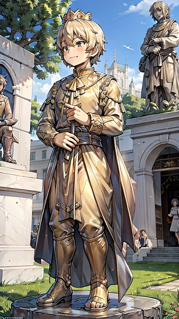 王子的黄金statue，Prince style，Prince costume，宫廷Dress，黄金statue，男孩的黄金statue，带着黄金冠冕的黄金statue，脚边停着一只燕子的黄金statue，金色男孩statue，黄金statue，Dress，Dress，西式宫廷男士Dress，Cute boy，British style，Victorian style，crown，crown，Golden Boy Sculpture，金色男孩statue，黄金statue，佩剑的黄金statue，腰带上挂着配剑的黄金statue，statue，statue，statue，巨大金色statue，巨大金色statue，Outdoor Background，微笑的statue，