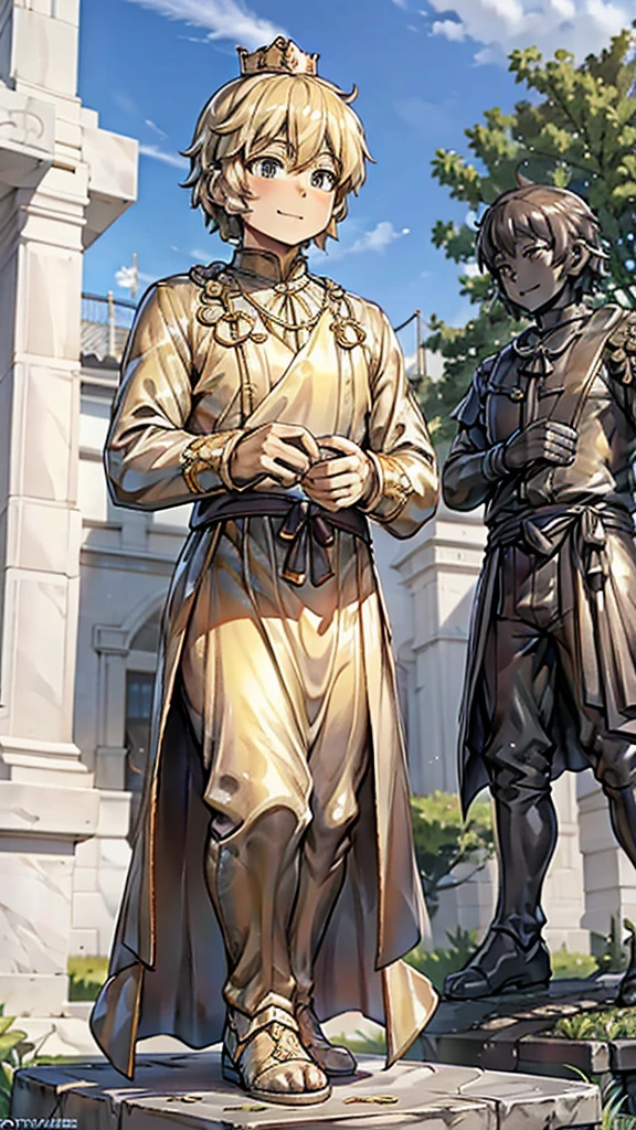 王子的黄金statue，Prince style，Prince costume，宫廷Dress，黄金statue，男孩的黄金statue，带着黄金冠冕的黄金statue，脚边停着一只燕子的黄金statue，金色男孩statue，黄金statue，Dress，Dress，西式宫廷男士Dress，Cute boy，British style，Victorian style，crown，crown，Golden Boy Sculpture，金色男孩statue，黄金statue，佩剑的黄金statue，腰带上挂着配剑的黄金statue，statue，statue，statue，巨大金色statue，巨大金色statue，Outdoor Background，微笑的statue，