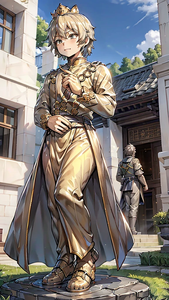 王子的黄金statue，Prince style，Prince costume，宫廷Dress，黄金statue，男孩的黄金statue，带着黄金冠冕的黄金statue，脚边停着一只燕子的黄金statue，金色男孩statue，黄金statue，Dress，Dress，西式宫廷男士Dress，Cute boy，British style，Victorian style，crown，crown，Golden Boy Sculpture，金色男孩statue，黄金statue，佩剑的黄金statue，腰带上挂着配剑的黄金statue，statue，statue，statue，巨大金色statue，巨大金色statue，Outdoor Background，微笑的statue，