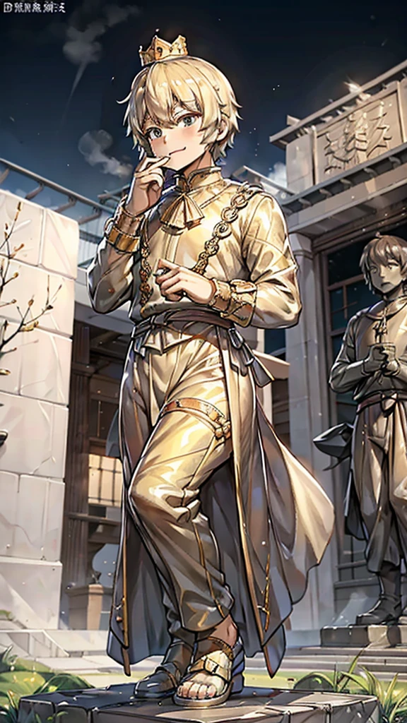 王子的黄金statue，Prince style，Prince costume，宫廷Dress，黄金statue，男孩的黄金statue，带着黄金冠冕的黄金statue，脚边停着一只燕子的黄金statue，金色男孩statue，黄金statue，Dress，Dress，西式宫廷男士Dress，Cute boy，British style，Victorian style，crown，crown，Golden Boy Sculpture，金色男孩statue，黄金statue，佩剑的黄金statue，腰带上挂着配剑的黄金statue，statue，statue，statue，巨大金色statue，巨大金色statue，Outdoor Background，微笑的statue，