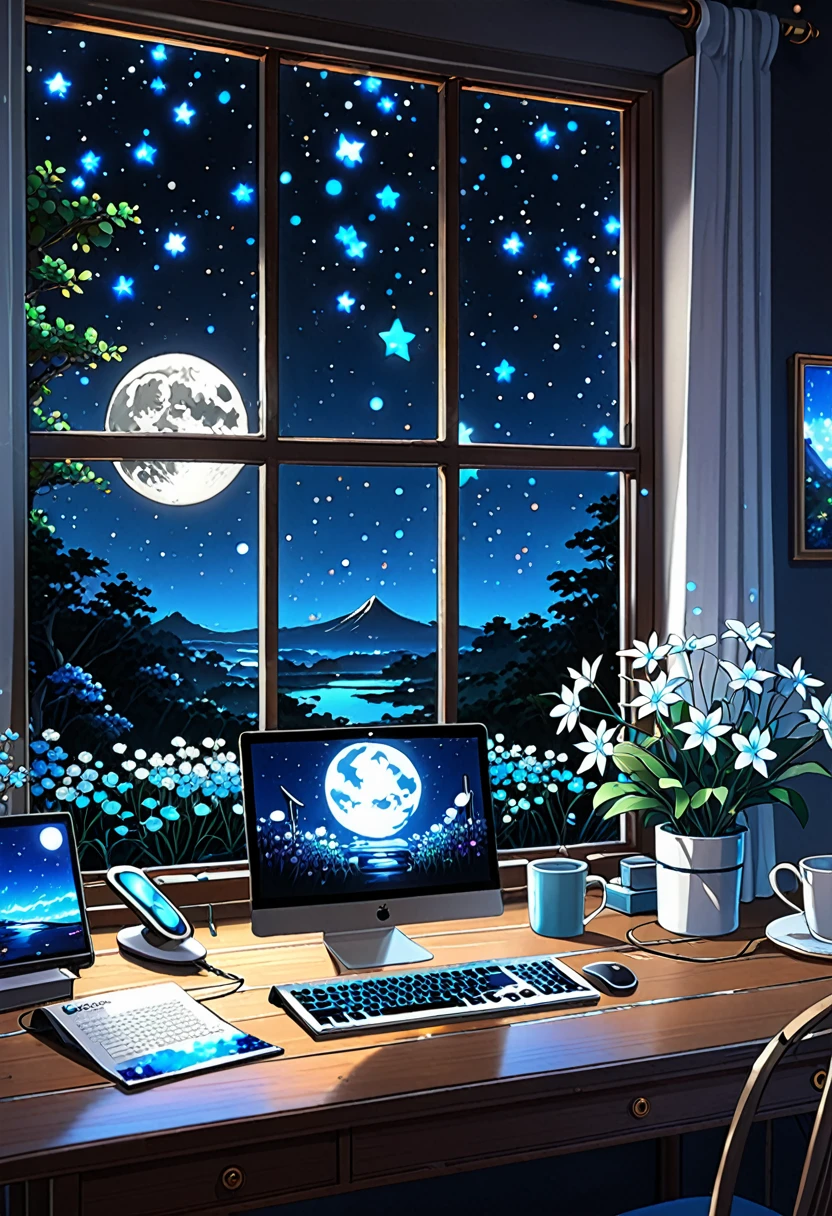 on the desk、No people、Tablet、liquid crystal、moon、PC Monitor、liquid crystalTablet、smartphone、wall、Dark atmosphere、Blue Neon、Blue Star、keyboard、Vocal Microphone、headphone、Large windows、scenery、white flowers and a laptop on a desk in front of a window, a digital painting inspired by Uragami Gyokudō, pixiv contest winner, magical realism, magic lab background, magical background, background art, personal room background, random background scene, anime background art, cozy cafe background, fairy tale style background, background artwork, mobile game background