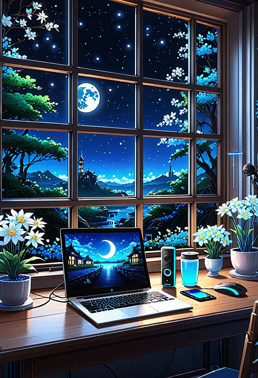 on the desk、No people、Tablet、liquid crystal、moon、PC Monitor、liquid crystalTablet、smartphone、wall、Dark atmosphere、Blue Neon、Blue Star、keyboard、Vocal Microphone、headphone、Large windows、scenery、white flowers and a laptop on a desk in front of a window, a digital painting inspired by Uragami Gyokudō, pixiv contest winner, magical realism, magic lab background, magical background, background art, personal room background, random background scene, anime background art, cozy cafe background, fairy tale style background, background artwork, mobile game background