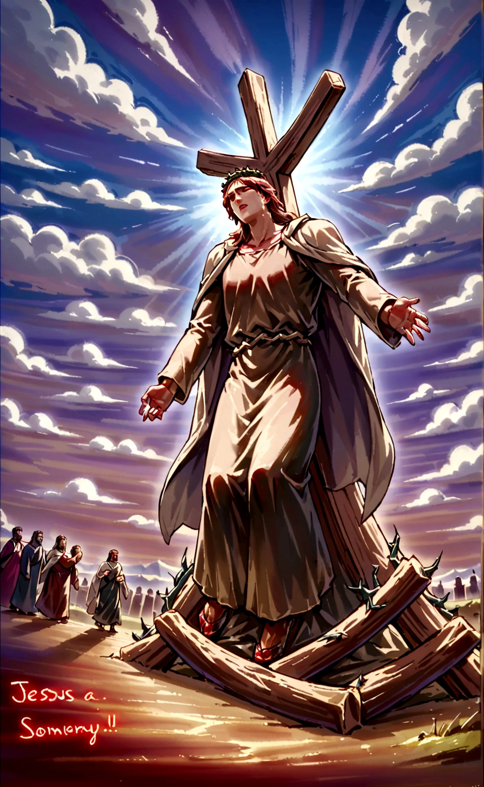 "Create a poignant and powerful scene depicting Jesus carrying the cross. Place Jesus in the foreground, showing his expression of pain and determination as he bears the heavy wooden cross on his shoulders. His clothes should be tattered and worn, with a crown of thorns on his head. The background should include a rugged path leading to Golgotha, with a dark, stormy sky overhead to evoke a sense of somberness and gravity. jesus walking heavily going to calvary