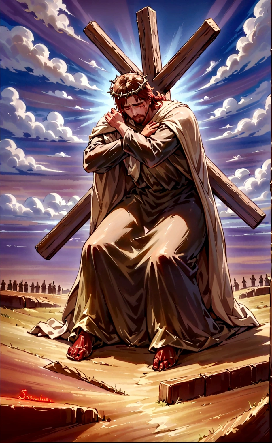 "Create a poignant and powerful scene depicting Jesus carrying the cross. Place Jesus in the foreground, showing his expression of pain and determination as he bears the heavy wooden cross on his shoulders. His clothes should be tattered and worn, with a crown of thorns on his head. The background should include a rugged path leading to Golgotha, with a dark, stormy sky overhead to evoke a sense of somberness and gravity. jesus walking heavily going to calvary 