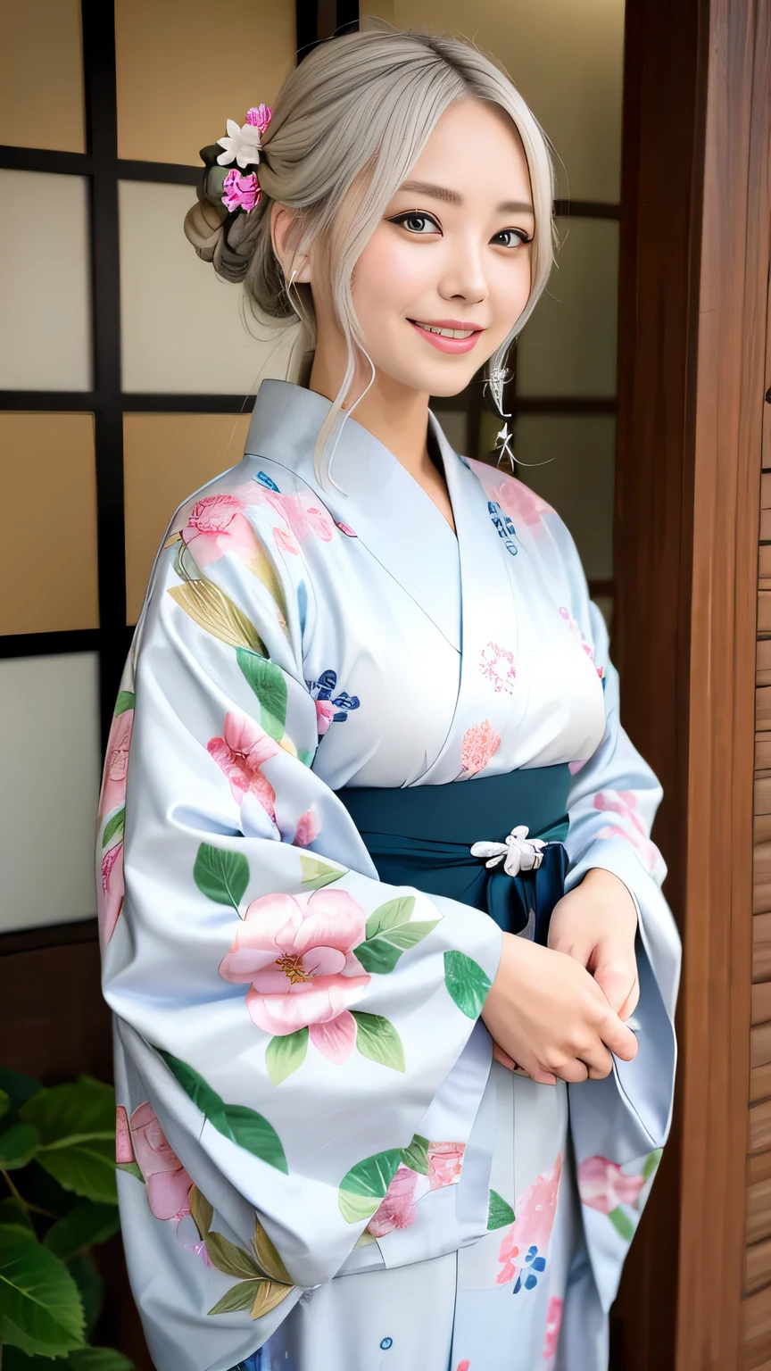 Beautiful silver-haired woman in a kimono、Gorgeous floral patterned kimono、My cute girlfriend is a kimono model..、Green Eyes、Beautiful smile、He is short、Braiding、hair ornaments、Colorful and showy kimono、