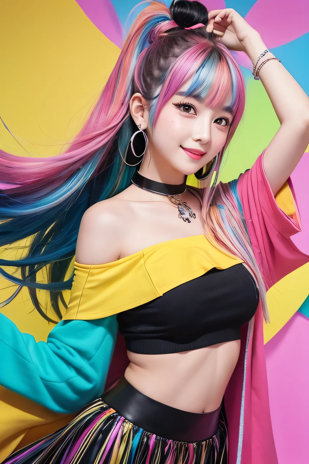 "Generate a highly detailed, vertical portrait of a beautiful Japanese girl with dual-colored hair, silver on the left side and black on the right side, with the tips dyed bright yellow. Her long hair flows in the wind, creating a striking visual effect. She has large, shimmering rainbow-colored eyes and a cheerful smile. Her cheeks are blushed, giving her a healthy and lively expression. The girl is dressed in a white off-shoulder top, loose and relaxed, paired with a shiny black vinyl tight skirt, giving a modern and stylish appearance. She wears large pink flower earrings and a black choker around her neck. The background is colorful and artistic, featuring rainbow splashes and abstract patterns, predominantly in blue, pink, and yellow hues. The distant landscape shows a meadow, adding to the overall fantastical and creative atmosphere."