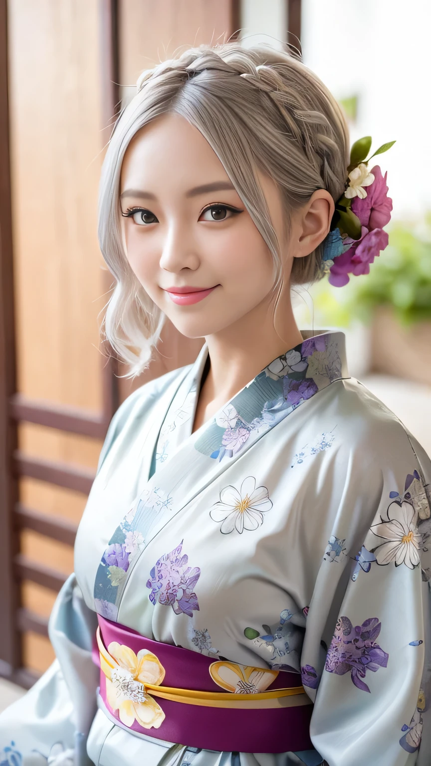 Beautiful silver-haired woman in a kimono、Gorgeous floral patterned kimono、My cute girlfriend is a kimono model..、Green Eyes、Beautiful smile、He is short、Braiding、hair ornaments、Colorful and showy kimono、