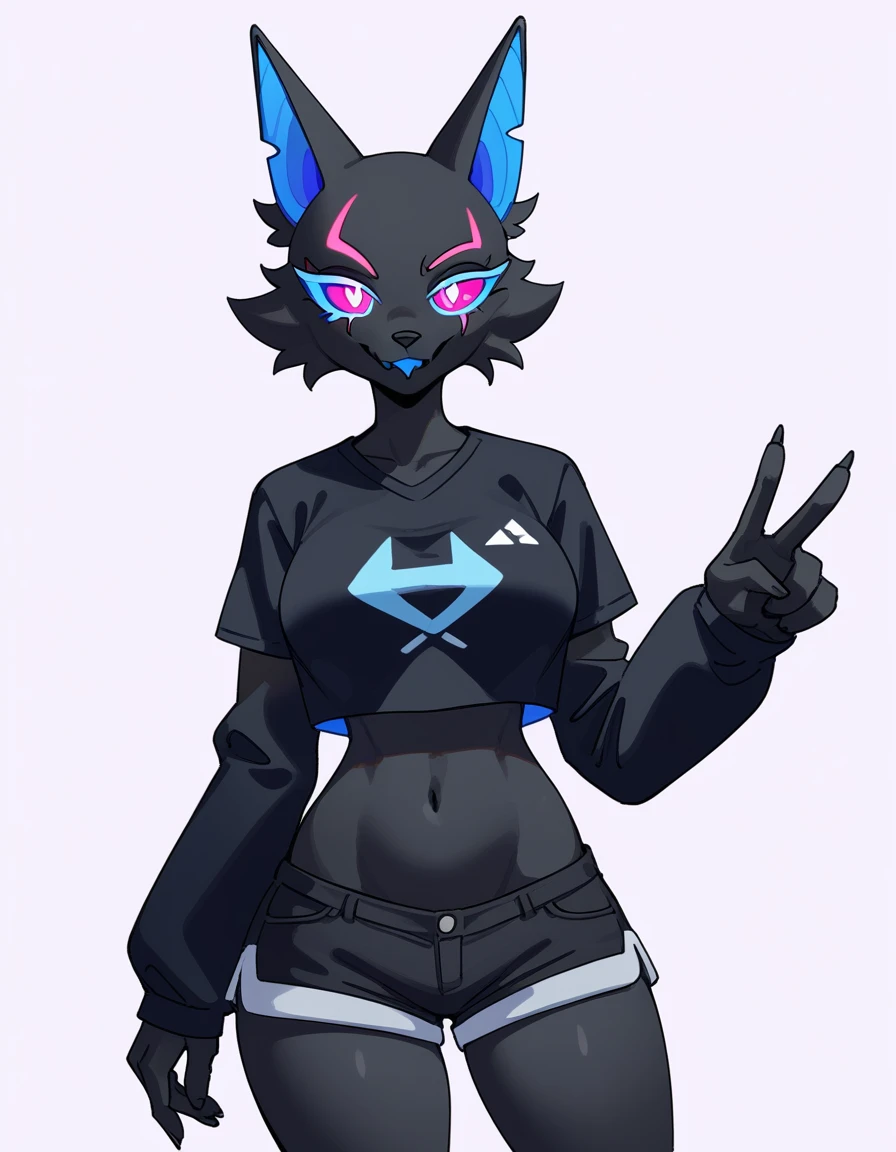 Anthro, furry female, blue inner ear, black fur, black body, pink eyes, blue sclera, wearing black t shirt, black short shorts, tall and curvy, grinning, simple white background, flat colors, simple white background, flat colors, 