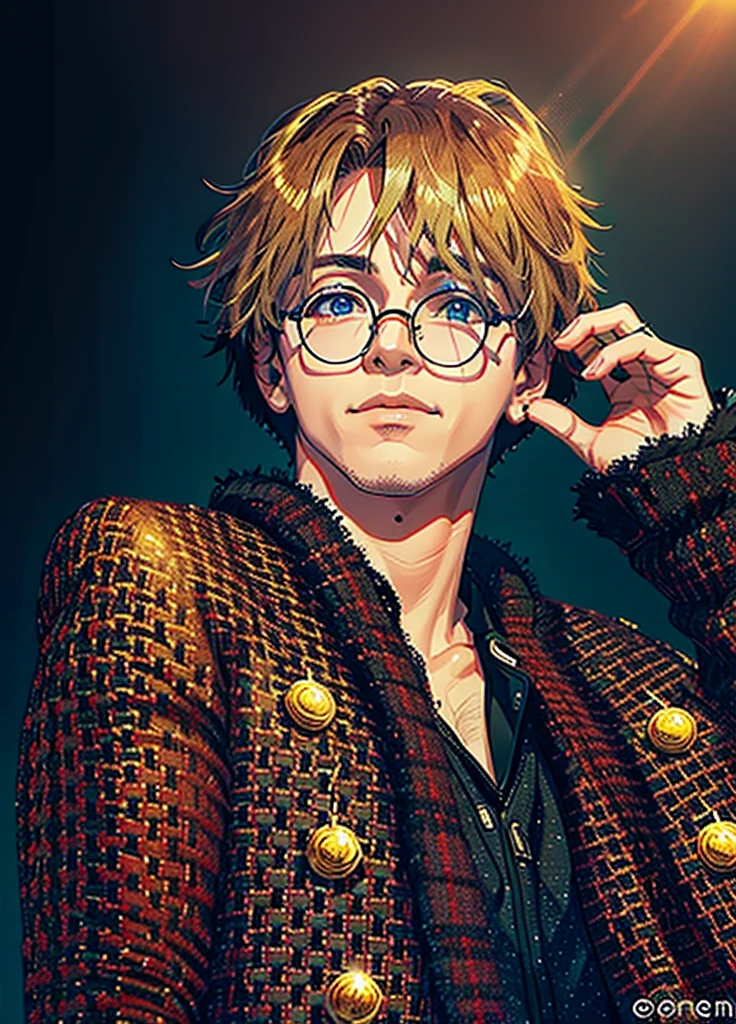 masterpiece，best quality，High Detail，light，8k wallpaper，Idol male singer with glasses，Male celebrity，The concert is reopening