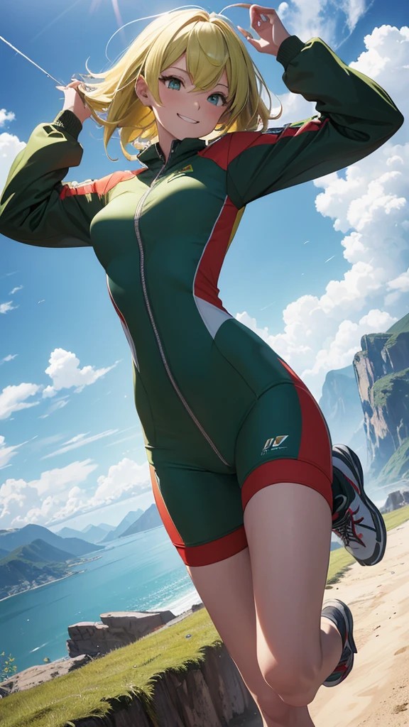 ({{high resolution,}},Masterpiece,ultra detailed,Best Quality,8k)cloud, sky, scenery, day, Blue_sky, mountain, cloudy_sky, outdoor, waterfall, Fancy, horizon, cliff, rock, water, landscape, mountainous_horizon, ocean, tree, River, floating_The same, beautiful woman, whole body, green white and red sports clothing, Yellow hair, long hair, two arms, two legs, jumping on f 22 plane, smiling.