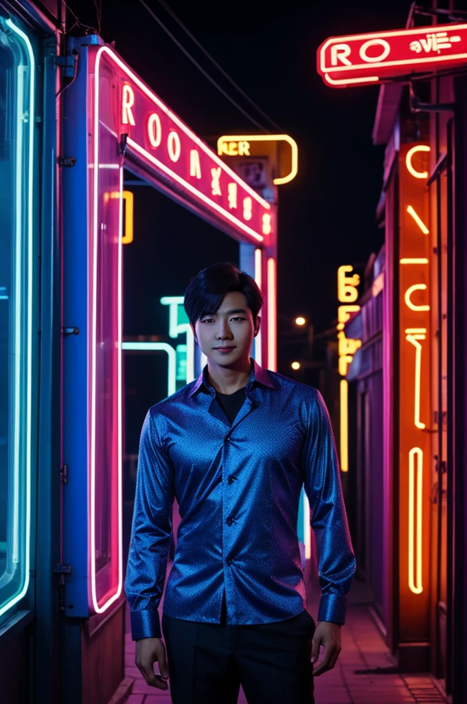 A handsome Korean man posing in the Roop top of neon night building 