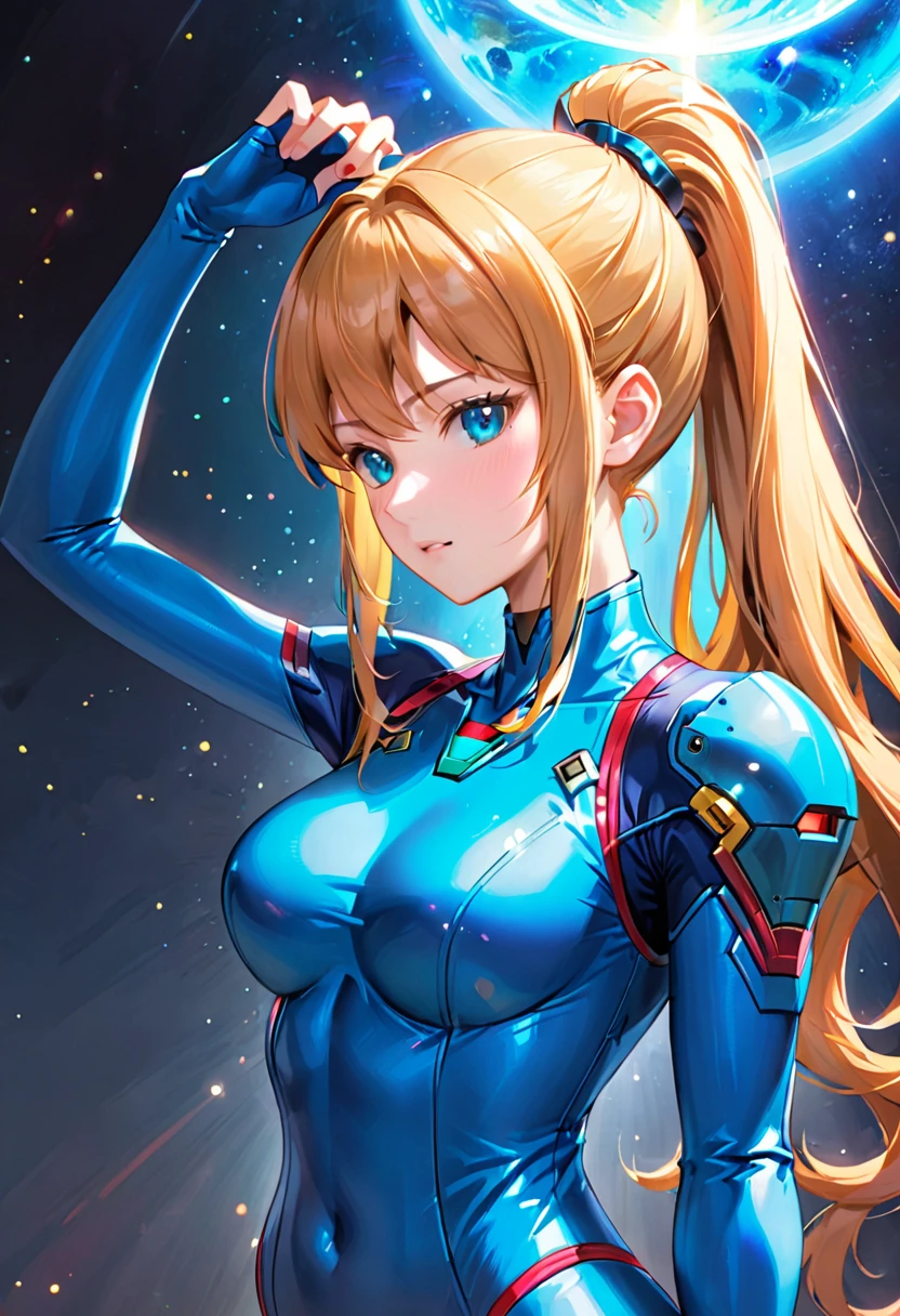 masterpiece、Highest quality、Samus Alan、ponytail、Hair ties、Blue bodysuit、Upper Body、See who's watching、Furrow one's brow、Holding a gun、Put your hands on your hips、universe