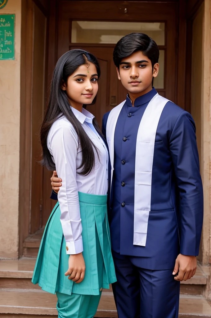 Handsome muscular AARAV GURJAR 1 boy in school uniform, standing in classroom with girls, he is girls favorite