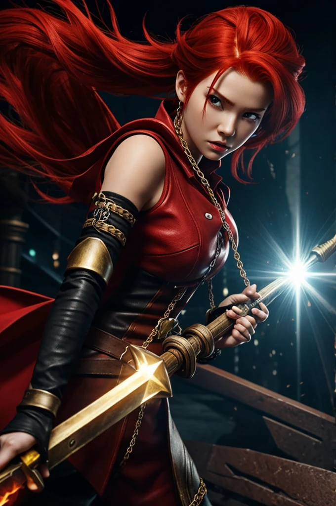 Girl with voluminous long red hair, red attire, sword in hand, sheath on back, smiling, beautiful, sexy, perfect proportions, 8k, sword with dragon design, side view of body