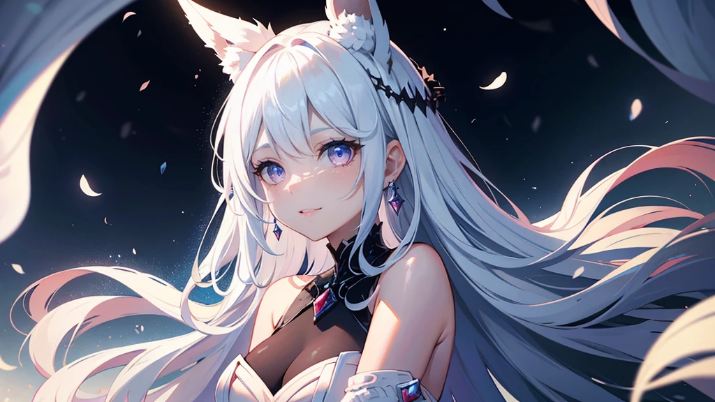 1 chica,Obra maestra, (8k, mejor calidad, Obra maestra:1.2),Muy detallado,ultra detallado,clase maestra,mejor calidad,illustration,Perfect lighting, Beautiful female, young, fine features. Her skin is pale as the snow with a nice blush on her cheeks and nose. Her eyes are siren shaped ones, shinny blue, with long bautiful lashes. Her hair is long and white, straight and glossy. Has perfect pixie ears. darkness, cool tones, ethereal lighting. fluffy hair, White silky gown, black crown with red rubies. portrait, silver hair, pink eyes, long hair
