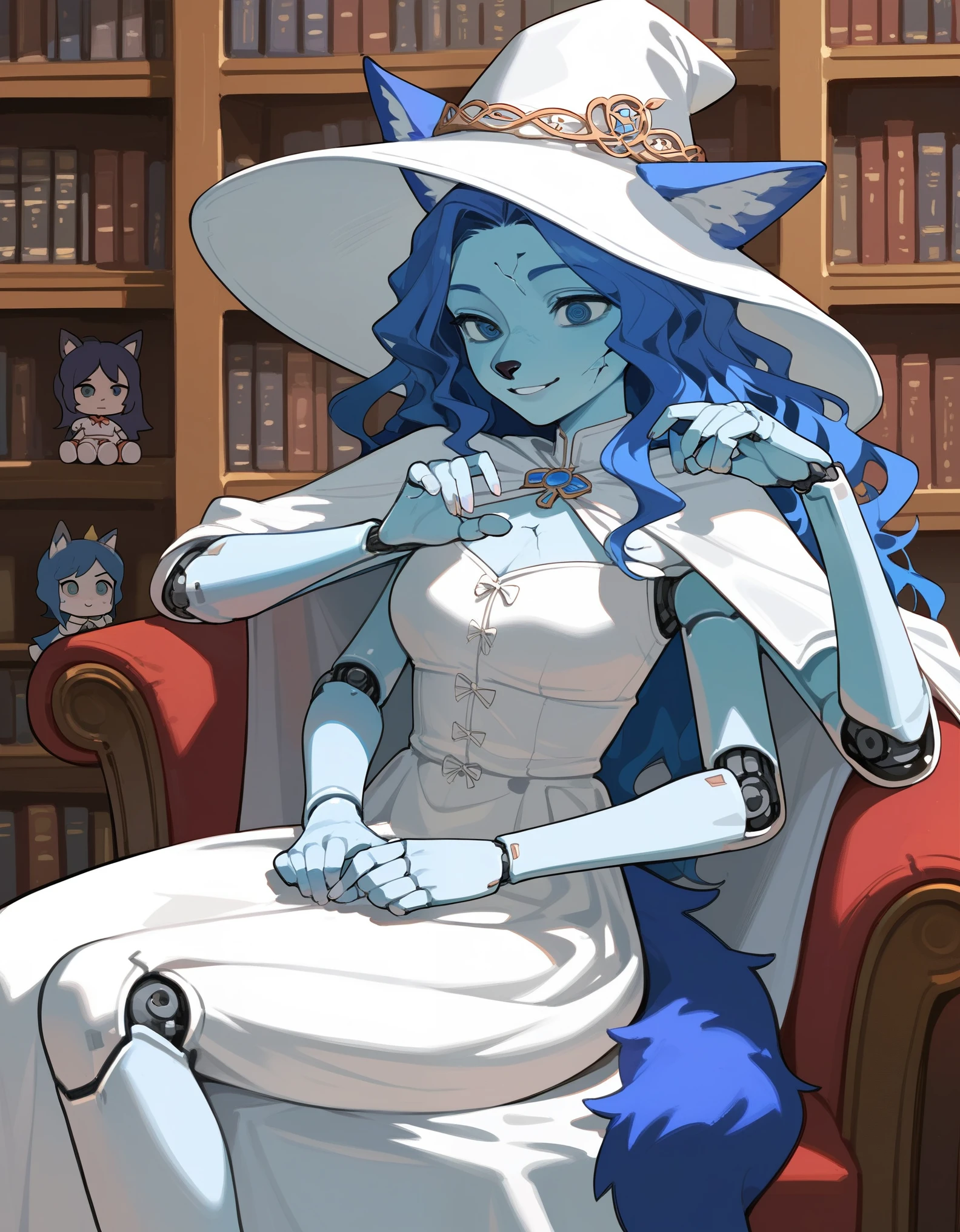Score_9, score_8_up, score_7_up, masterpiece, best quality, 1girl, solo, an Anthro furry blue fox girl, fox snout, black nose, IncrsXLRanni, wavy hair, cracked skin, colored skin, blue fur, extra arms, four arms, doll joints, white dress, white hat, white cloak, pondering pose, sitting on a chair, in a magical library, in a tower, all four hands on her lap, smiling, lounging