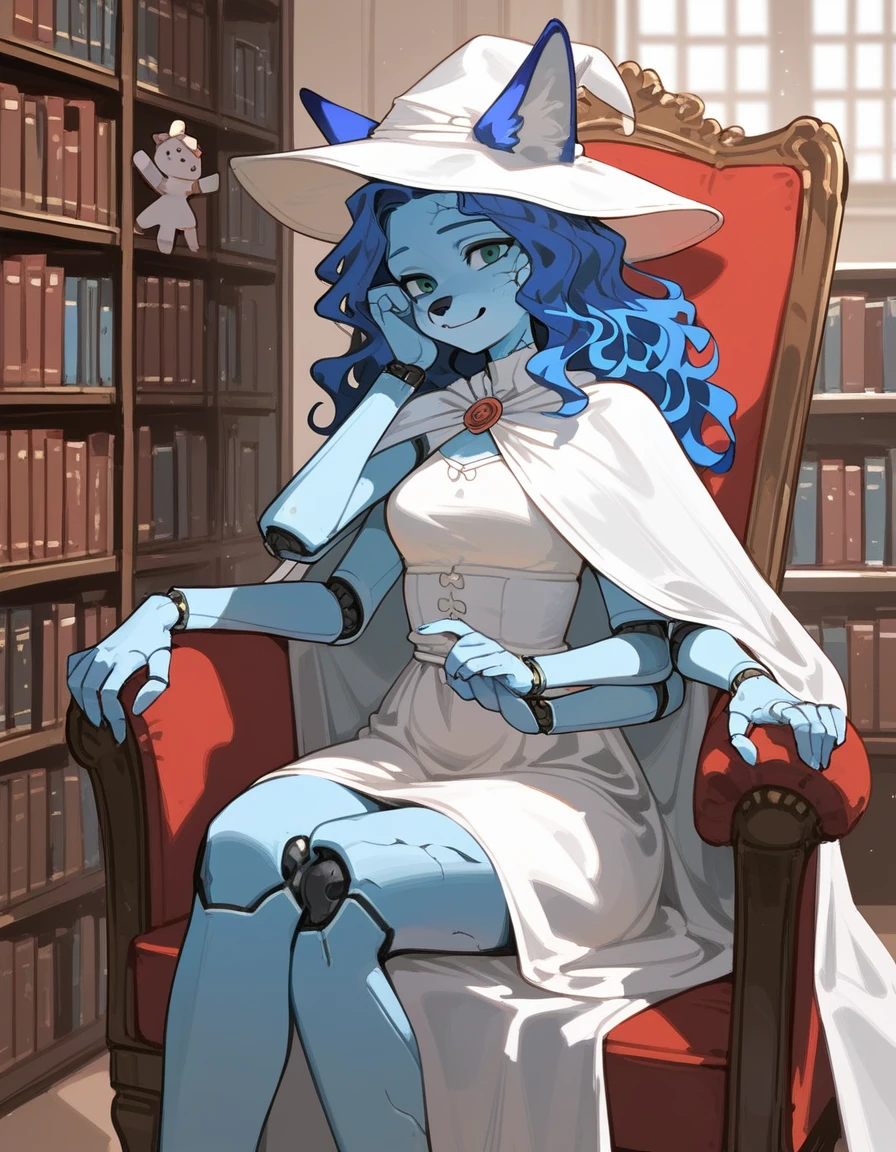 Score_9, score_8_up, score_7_up, masterpiece, best quality, 1girl, solo, an Anthro furry blue fox girl, fox snout, black nose, IncrsXLRanni, wavy hair, cracked skin, colored skin, blue fur, extra arms, four arms, doll joints, white dress, white hat, white cloak, pondering pose, sitting on a chair, in a magical library, in a tower, all four hands on her lap, smiling, lounging