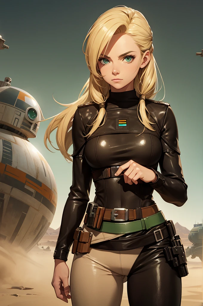 Female smuggler from Star Wars. Tatooine background. Young, fit. Blonde longer hair. Green eyes. Wearing tight leather brown leggings with a belt. 