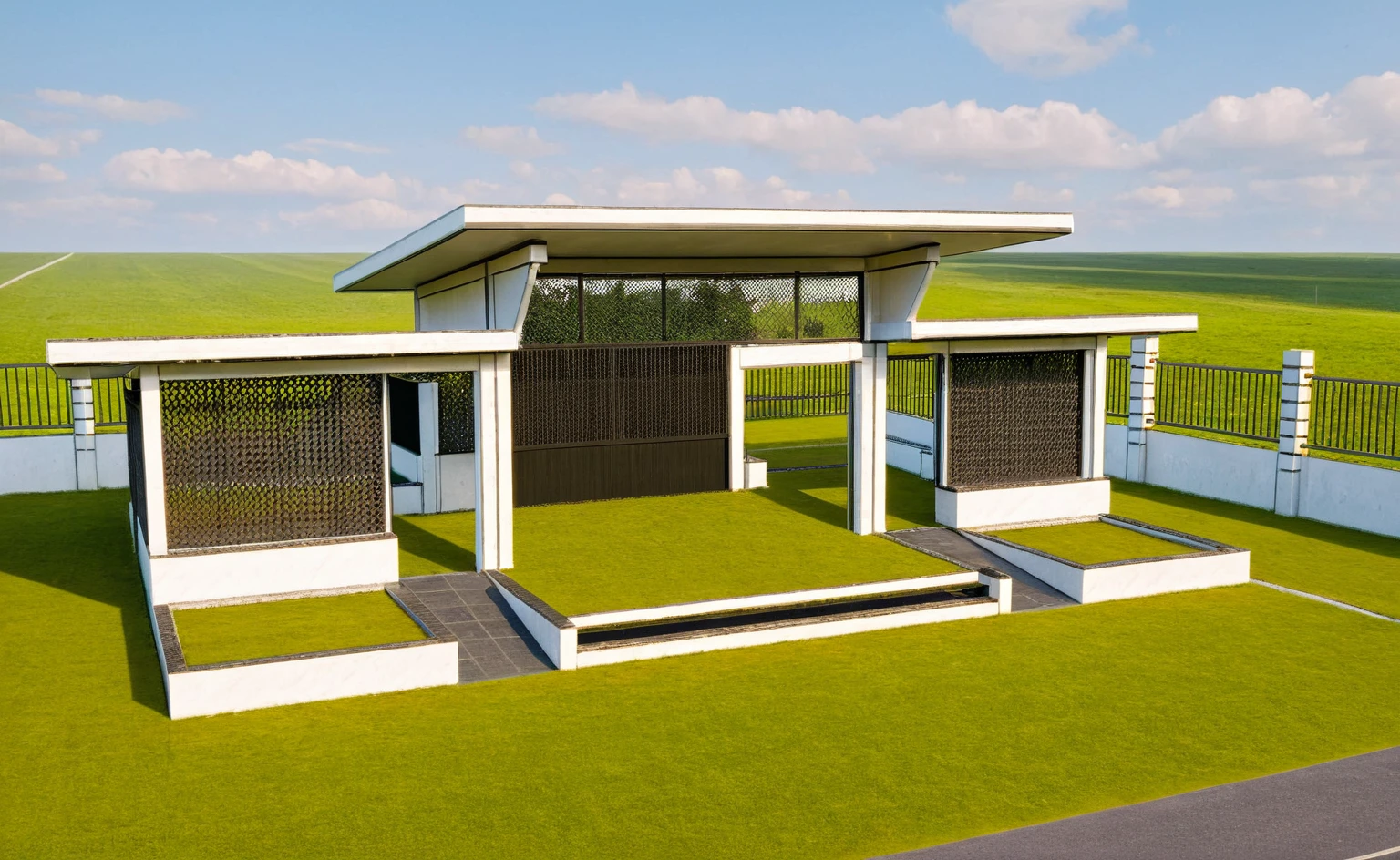 Masterpiece, high quality, best quality, authentic, super detail, outdoors, huts style modern, white concrete wall, field landscape, sunset, gate road, pavement, grass, trees, blue sky, cloud, (day:1.1), realistic lighting