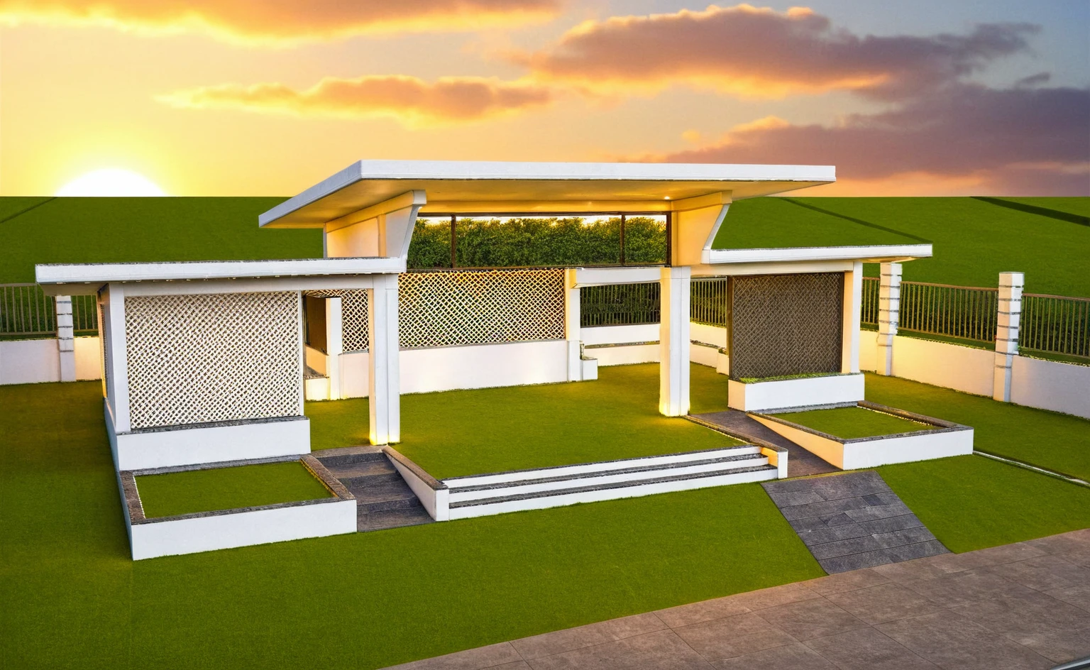 Masterpiece, high quality, best quality, authentic, super detail, outdoors, huts style modern, white concrete wall, field landscape, sunset, gate road, pavement, grass, trees, blue sky, cloud, (day:1.1), realistic lighting