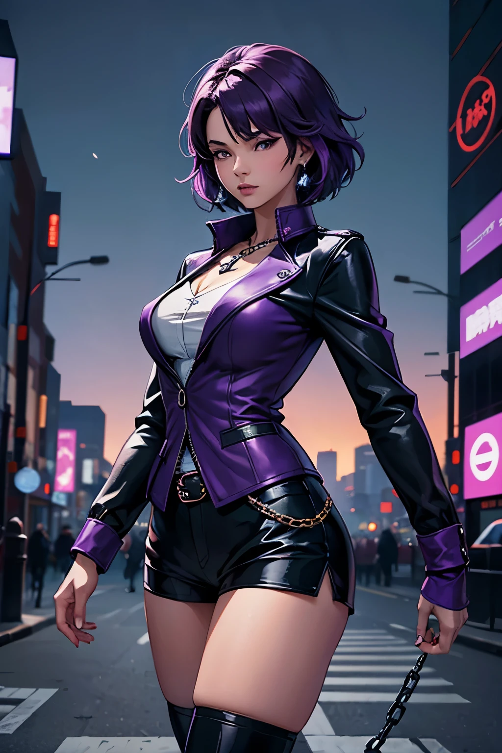 (1 girl:1.3),standing alone,__Body parts__, offcial art, unity wallpaper 8k, ultra detaild, close no rosto, beautiful and aesthetic, marvelous, work of art, best qualityer, fantastic atmosphere, Calming Palette, calm mood, smooth shading, Priestess Miko, charm spell, family talisman, priestess duties, dark aesthetic, suit and tie with black leather shorts with lots of chains on the body and black leather jacket, Tokyo city in the background, (short messy purple hair),