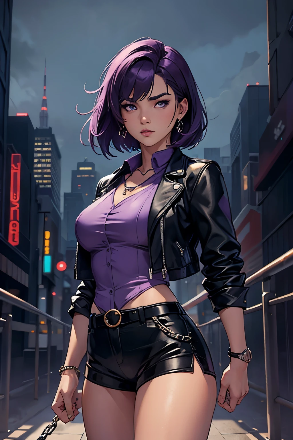 (1 girl:1.3),standing alone,__Body parts__, offcial art, unity wallpaper 8k, ultra detaild, close no rosto, beautiful and aesthetic, marvelous, work of art, best qualityer, fantastic atmosphere, Calming Palette, calm mood, smooth shading, Priestess Miko, charm spell, family talisman, priestess duties, dark aesthetic, suit and tie with black leather shorts with lots of chains on the body and black leather jacket, Tokyo city in the background, (short messy purple hair),