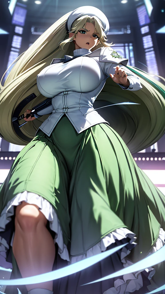 (high detailed)) 27 yo's woman, light cyan hair, Green mini beret, green Pandora's clothes,big And round breasts, gorgeous thicc plump body,angry expression,furious eyes,Green satellizer's outfit,Very long skirt, holding handblade, dynamic pose, action position, perfect anatomy