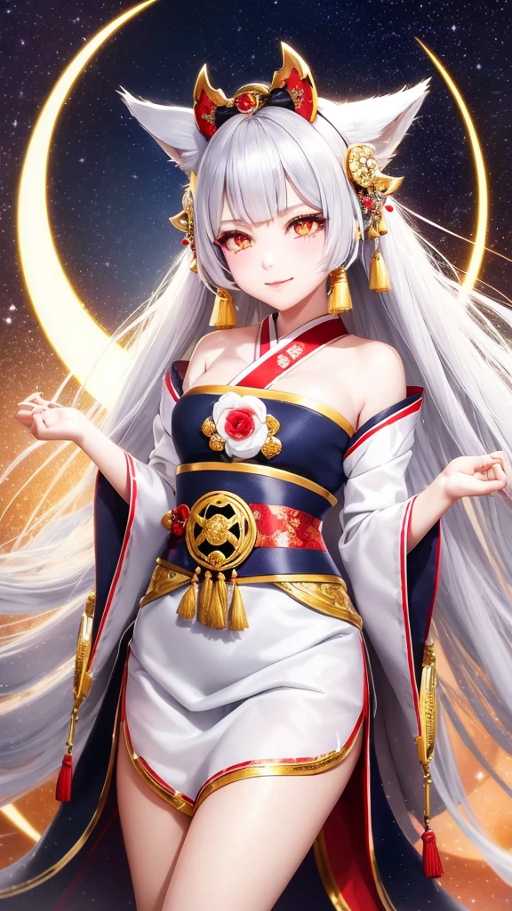 Kitsune girl,hime cut,silver eyes,gold darkblue and red tones japanese cloth, geisha dress theme sun&moon , traditional japanese , long white hair,silver fox ears, have kitsune tail, beautiful woman, silver eyes, elegant, young adult beautiful,night , starry night,sexy eyes,flirting,smile, erotic,nude, royal charm